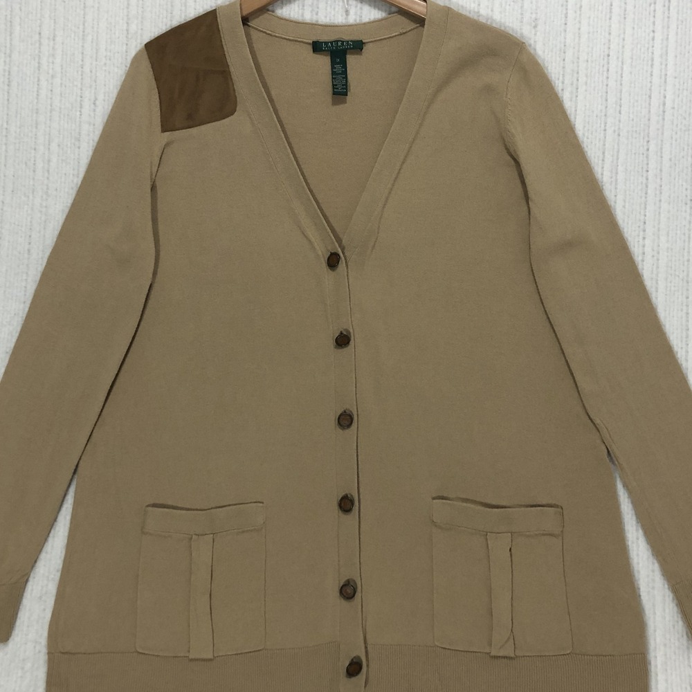Lauren Ralph Lauren Tan Suede Patch Equestrian Cardigan Sweater Womens 1X